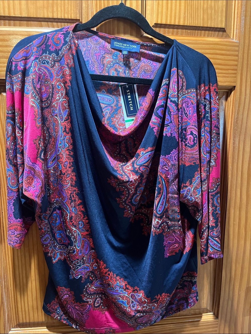 Jones New York Navy and Magenta Paisley Cowl Neck Sweater